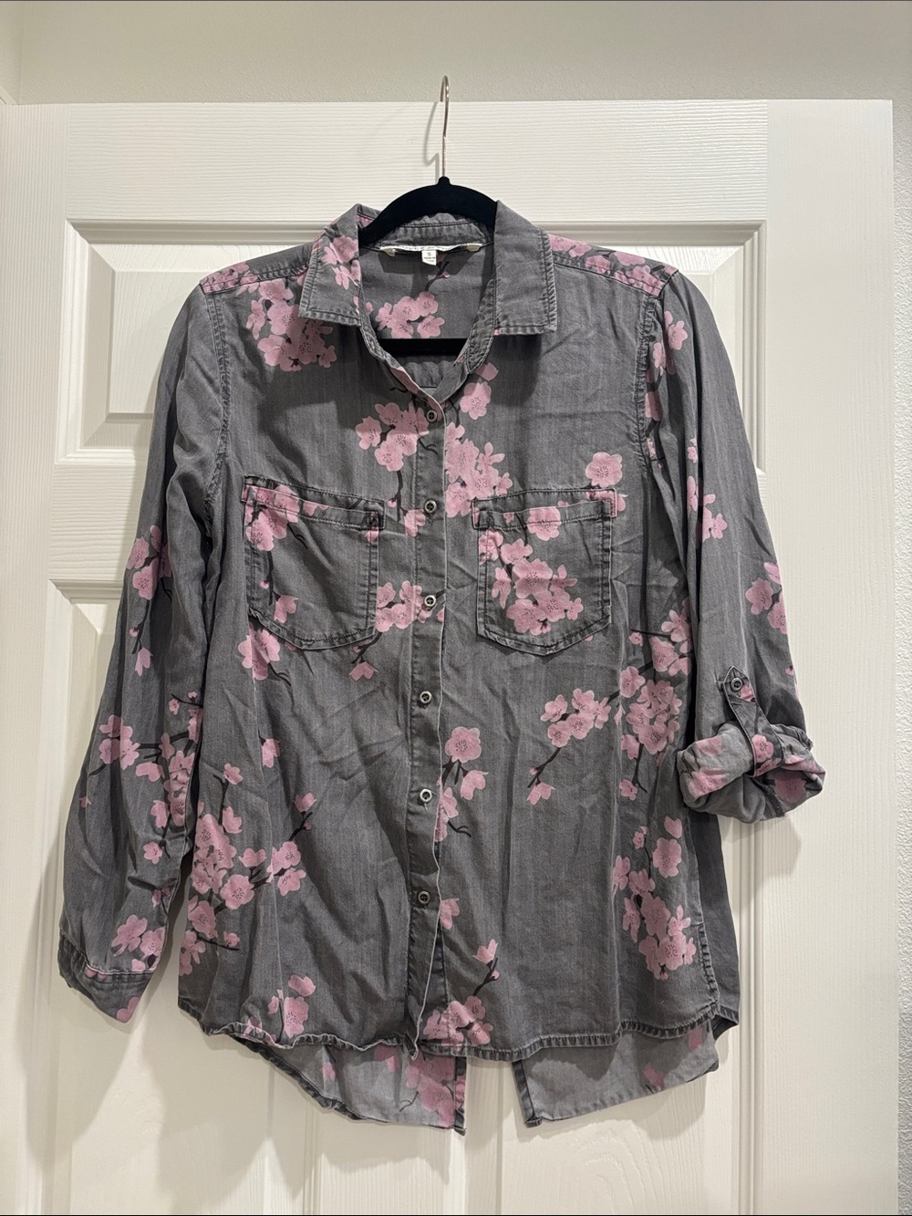 Love Gray Button-Down Shirt with Pink Floral Pattern